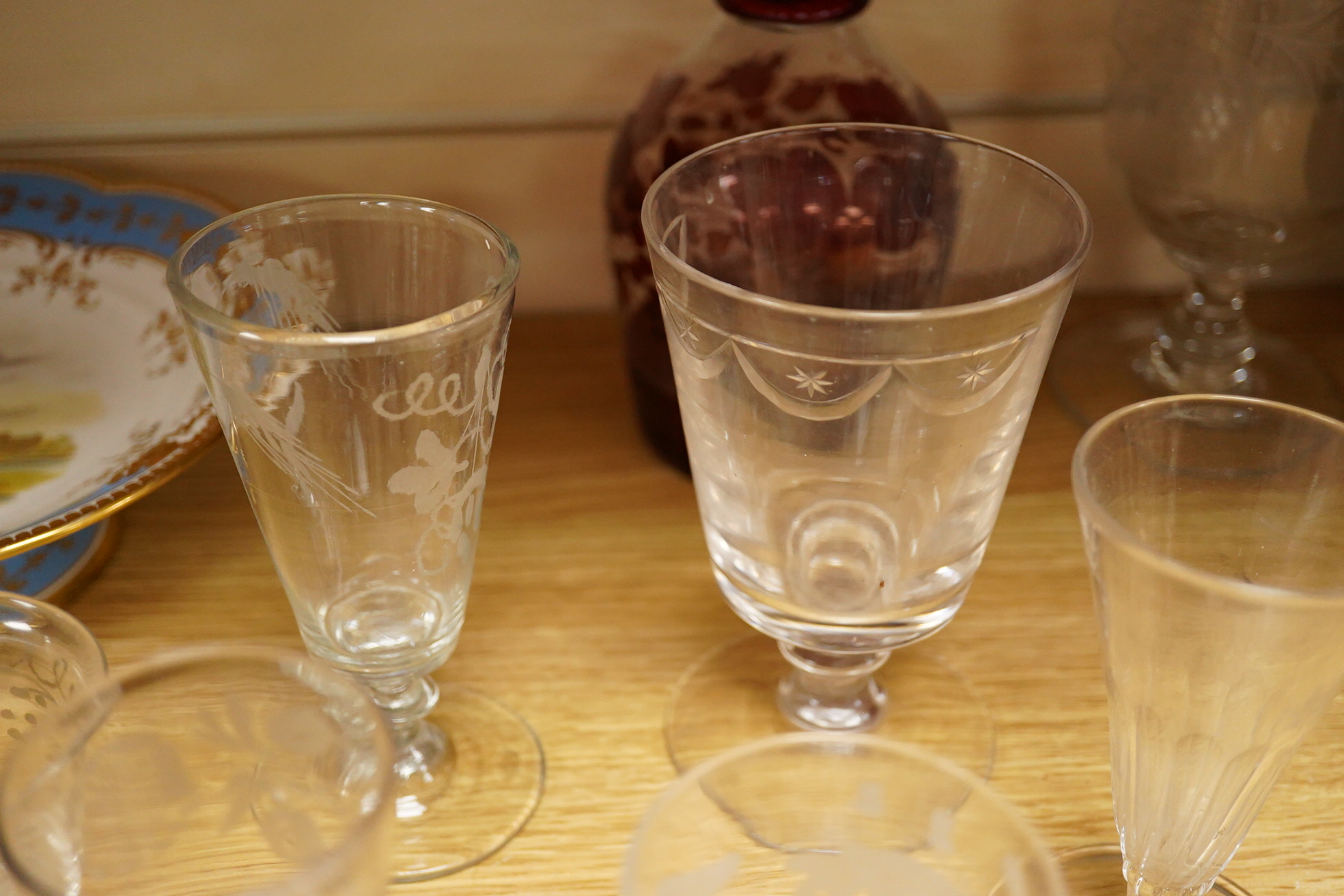 Assorted wine glasses, celery vase, overlaid decanter - 24cm high and a Victorian bone china comport.
